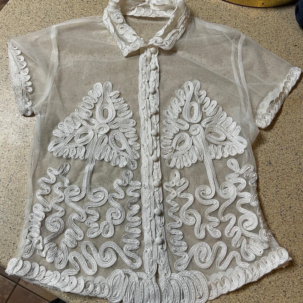 Vintage mesh lace blouse crop top short sleeve coquette fairy feminine French